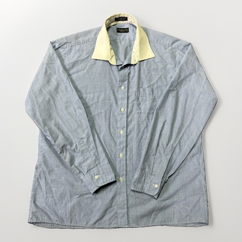 VTG Christian Dior Monsieur Dress Shirt Mens 17.5 34-35 Blue Pocket Made in USA